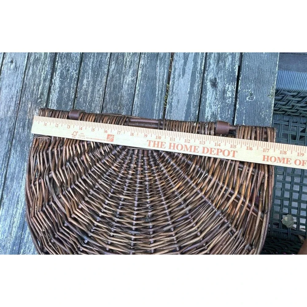 Vintage Brown Wicker Half Moon Picnic Basket Plaid Lined w Blue Dinnerware New